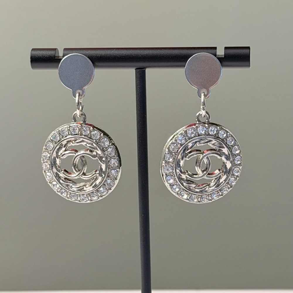 Silver Crystal Medallion Drop Earrings